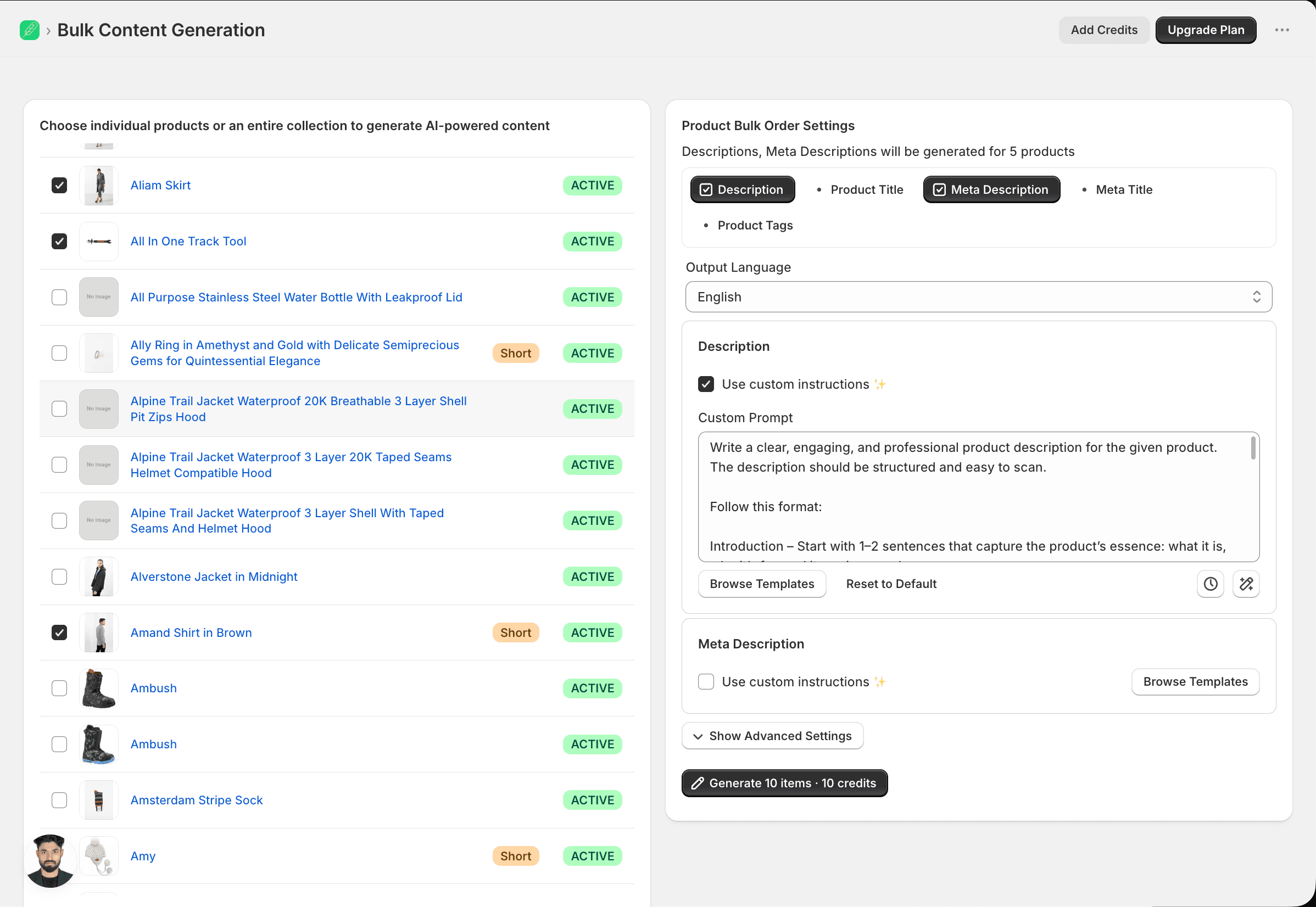 Bulk content generation with selected Shopify products, content fields, custom instructions, and a credit estimate.