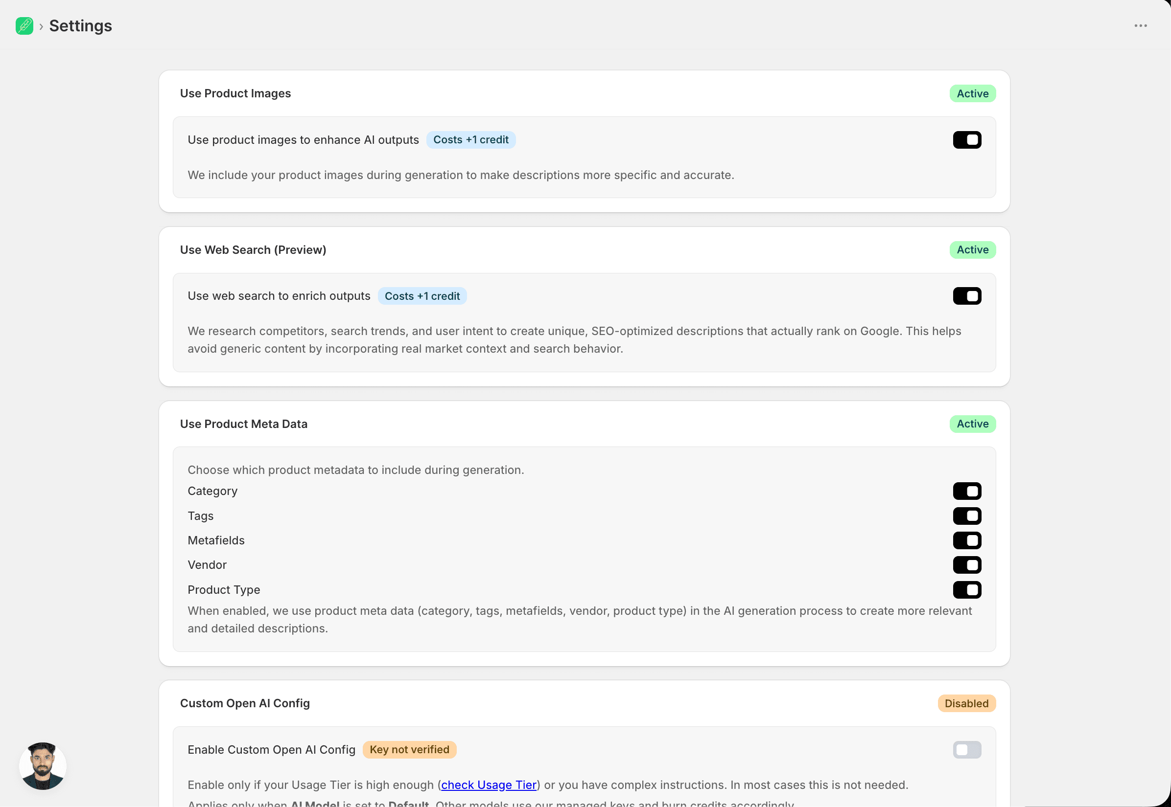 Active settings for product images, web search in preview, and product metadata including category, tags, metafields, vendor, and product type.