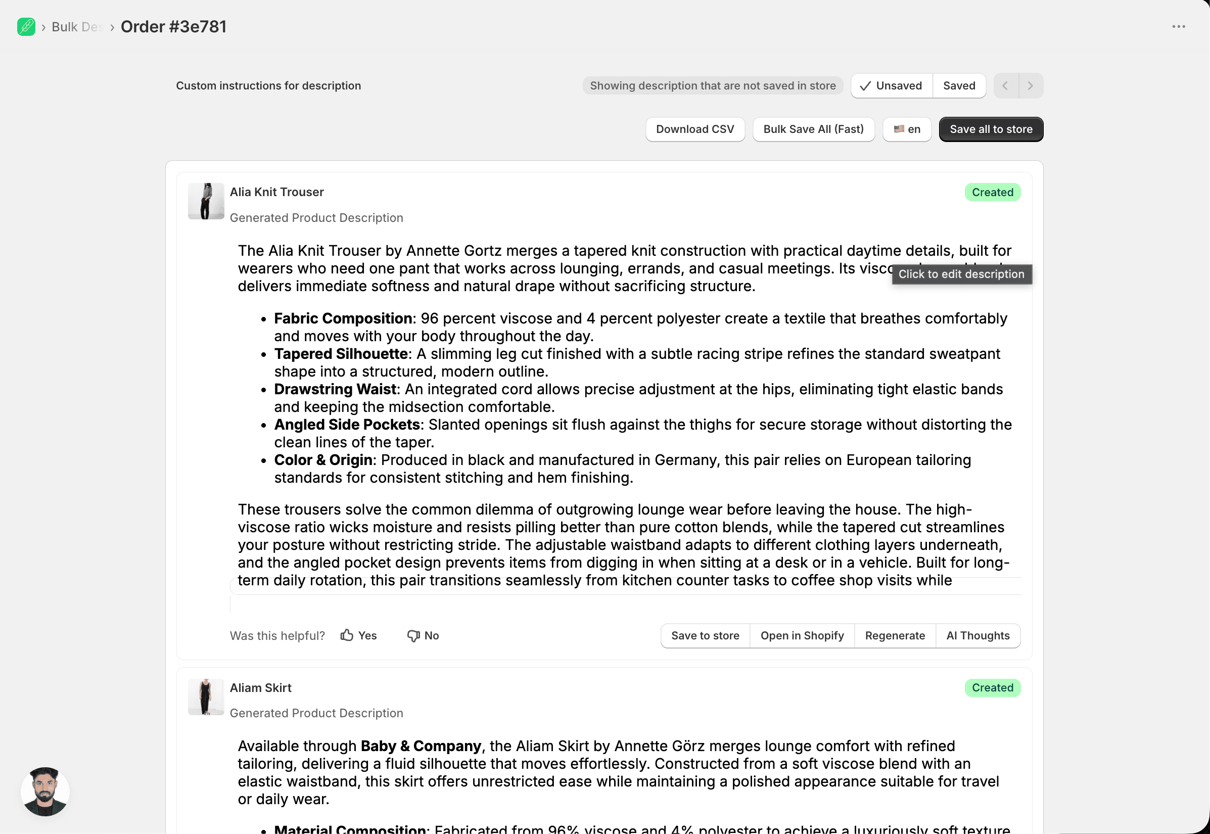 An unsaved generated product description with editing, regeneration, CSV download, and Save to store controls.