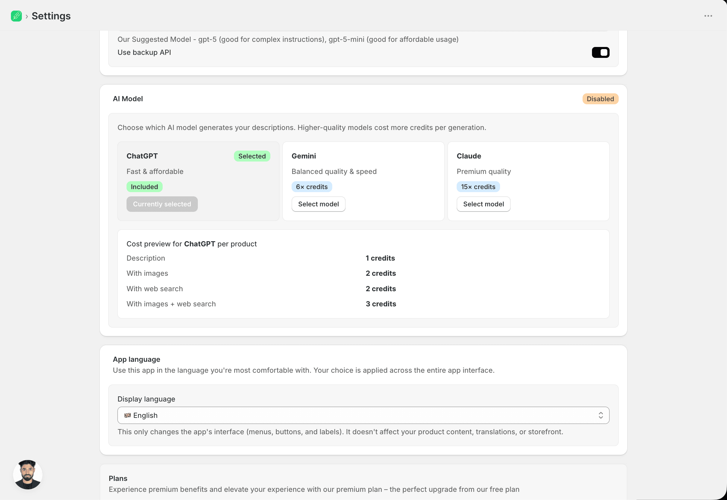 AI Model settings showing ChatGPT selected, Gemini and Claude options, and a credit cost preview. Model switching is marked disabled.