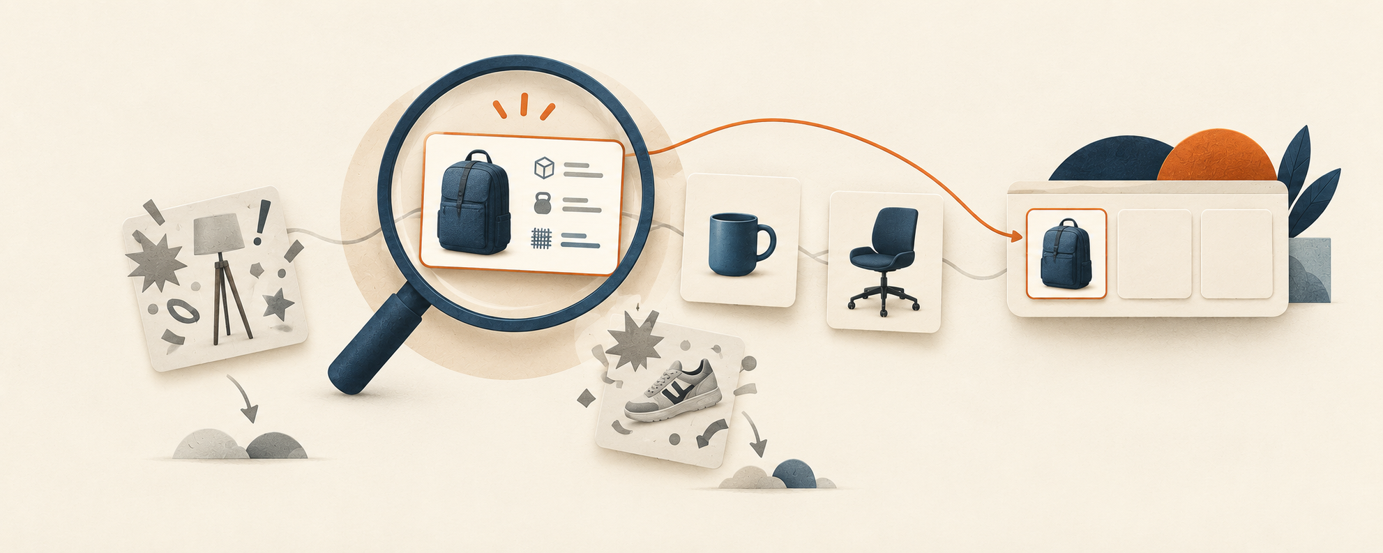 Illustration: a magnifying lens moves along a row of product cards. Two cluttered, hype-covered cards turn grey and fall away, while a clear backpack listing with tidy spec rows is picked and placed in a shortlist.