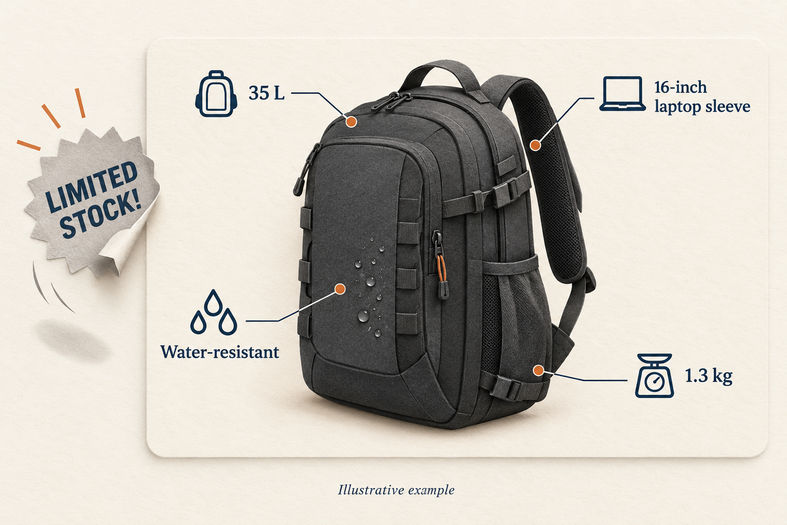 A charcoal travel backpack on a product card with labelled callouts: 35 L, 16-inch laptop sleeve, Water-resistant and 1.3 kg. A starburst sticker reading LIMITED STOCK! peels off and falls away. Caption: Illustrative example.