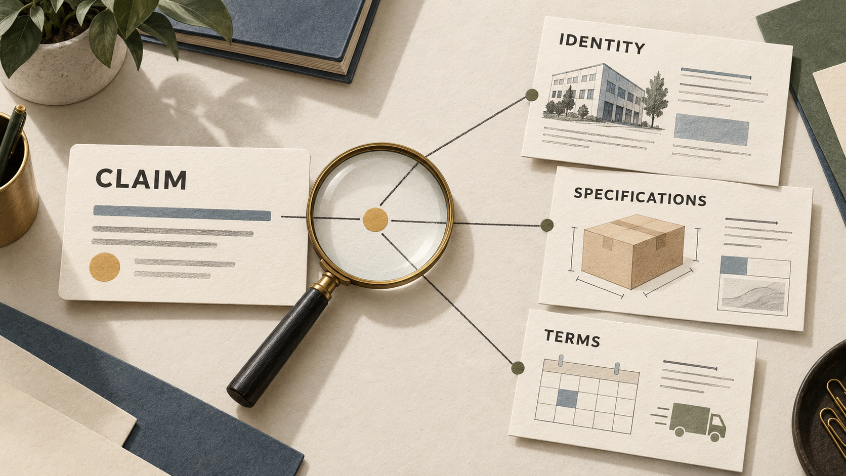 A claim card connected through a magnifying glass to documents labelled identity, specifications and terms.