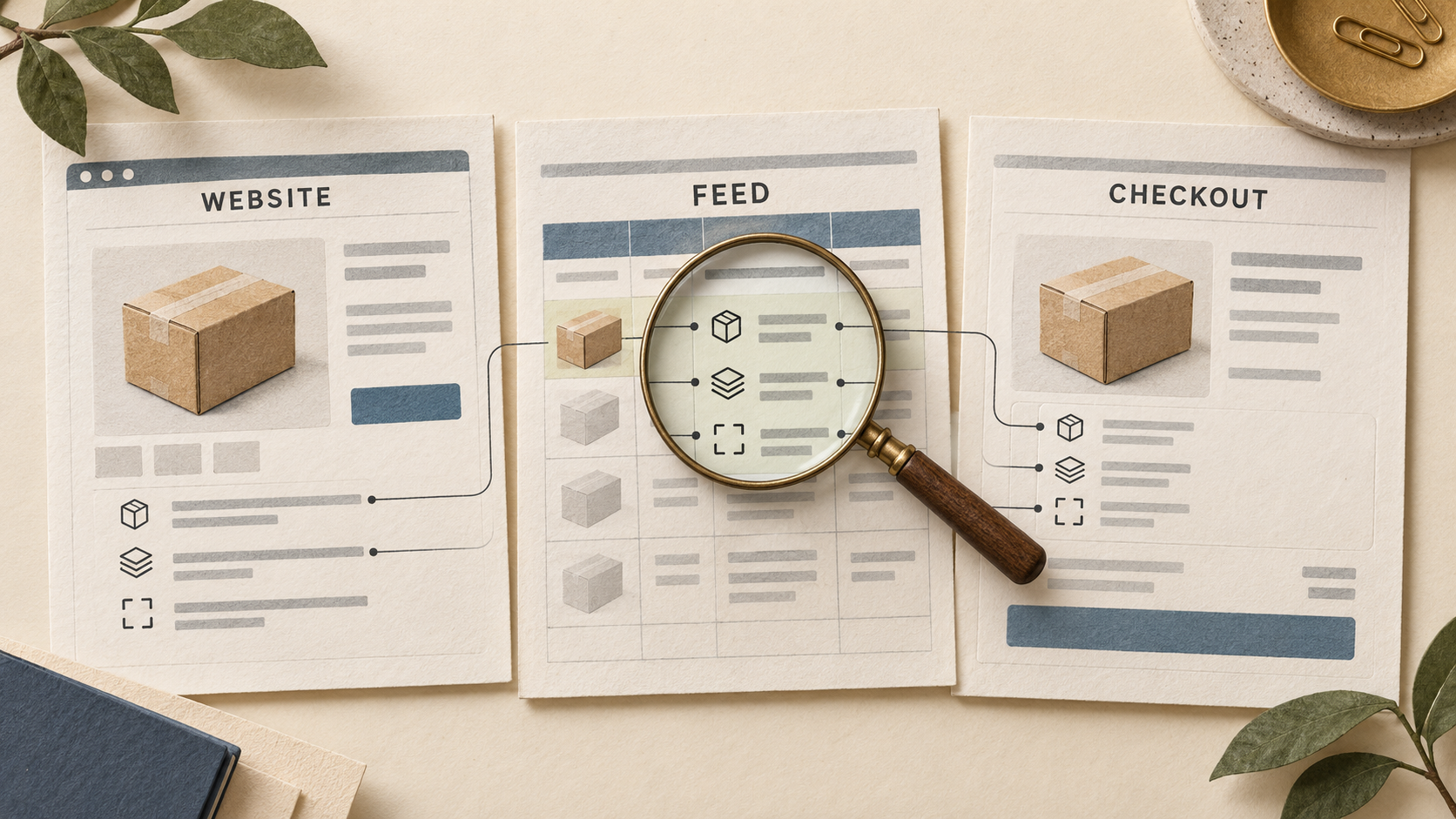 Three paper panels labelled website, feed and checkout show the same box, with matching offer fields connected for comparison.