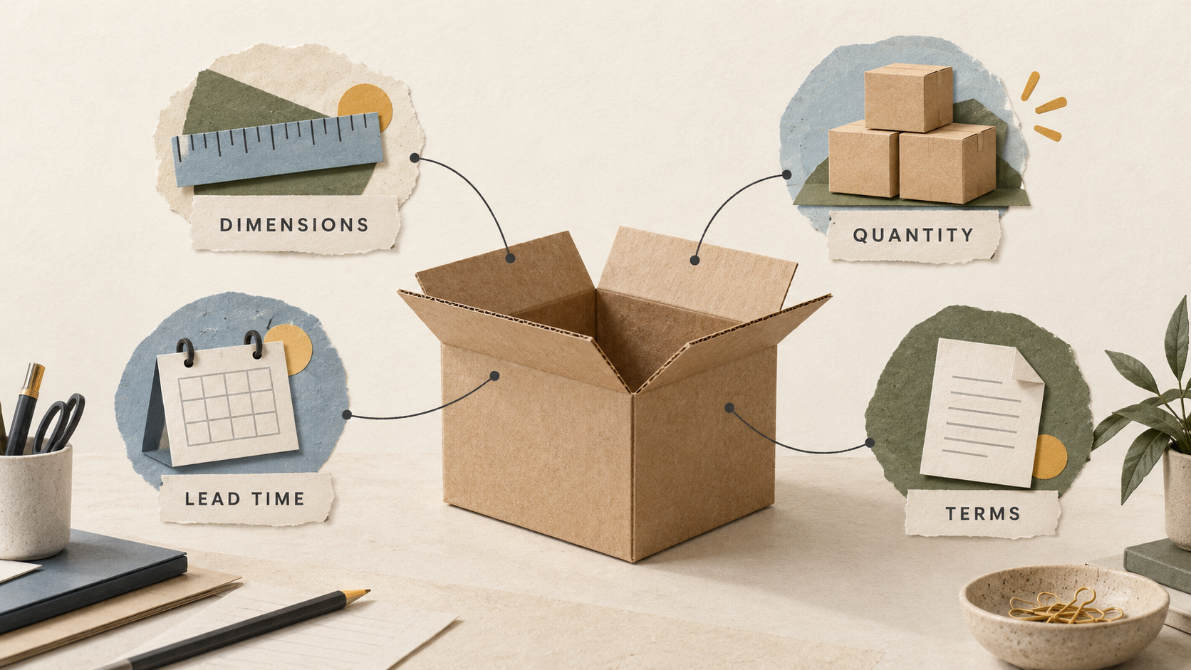 An unbranded shipping box linked to four illustrated purchasing details: dimensions, quantity, lead time and terms.